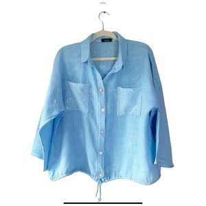 Cherishh Sky Blue Linen Button Down Tie Front Shirt Size L/XL